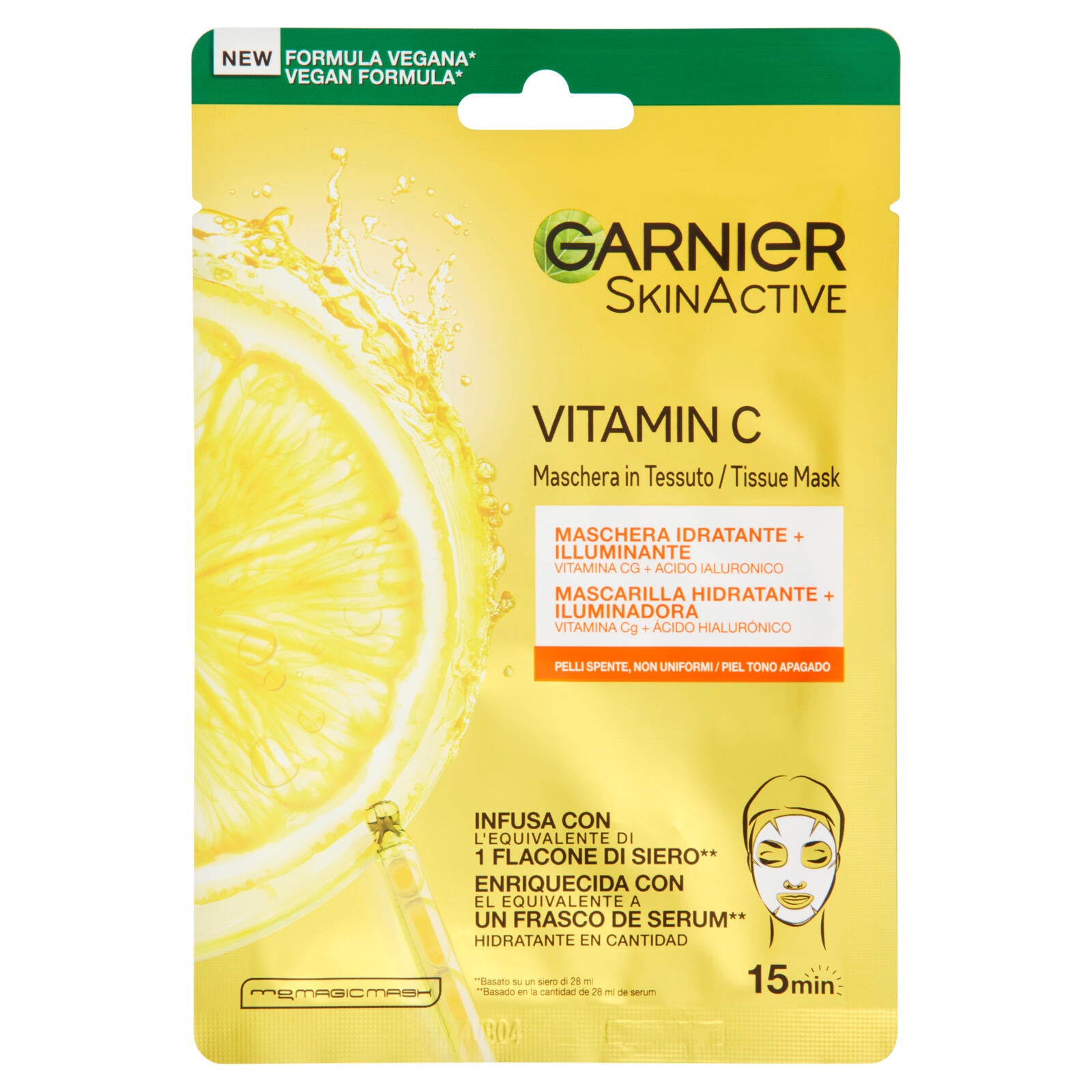 Garnier Maschera in Tessuto Hydra Bomb,Idratante e Illuminante,Con Vitamina  C,Pelli Non Uniformi 28g ->