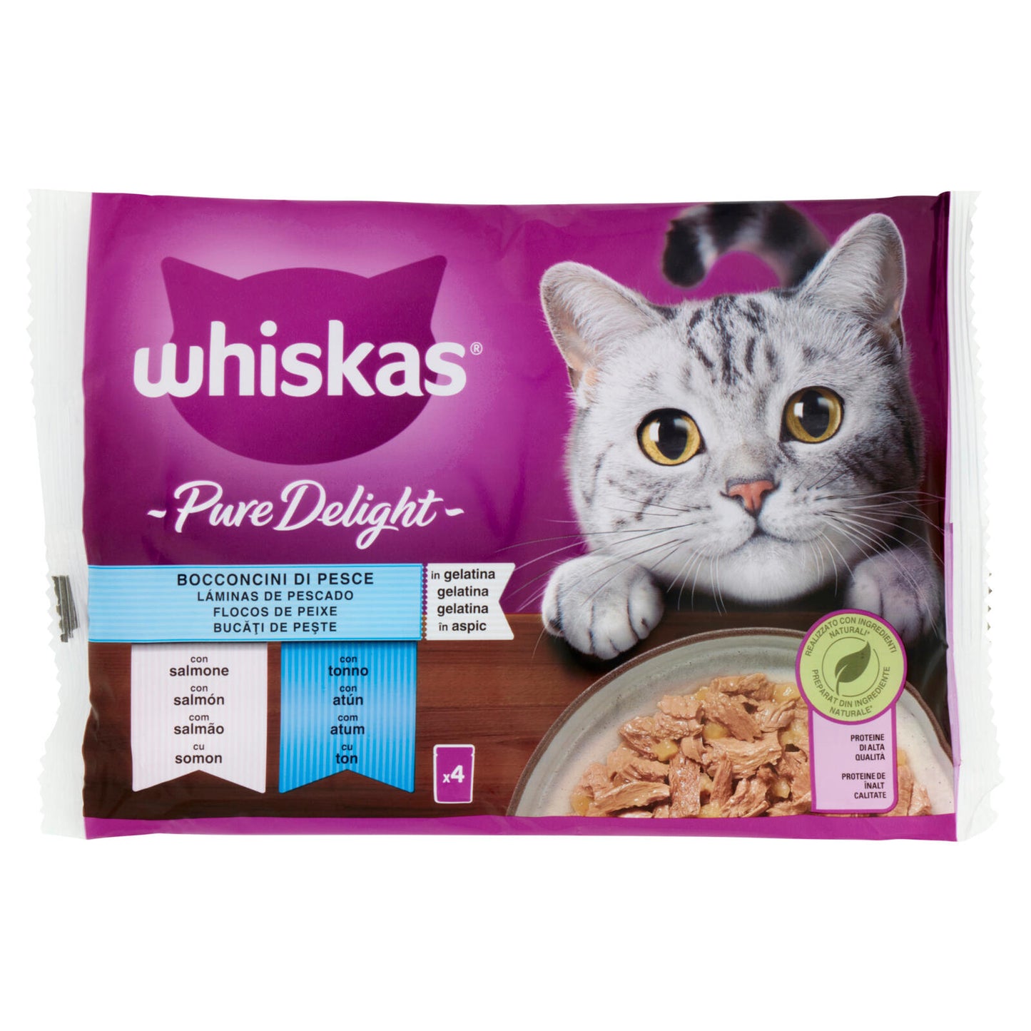 Whiskas Pure Delight Cibo Umido Gatto Bocconcini di Pesce in Gelatina con Salmone e Tonno 4 x 85 g (25613695)