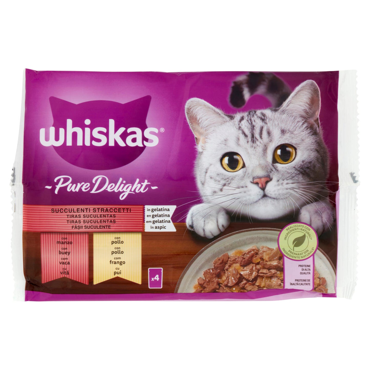 Whiskas Pure Delight Cibo Umido Gatto Succulenti Straccetti in Gelatina con Manzo e Pollo 4 x 85 g (25613696)