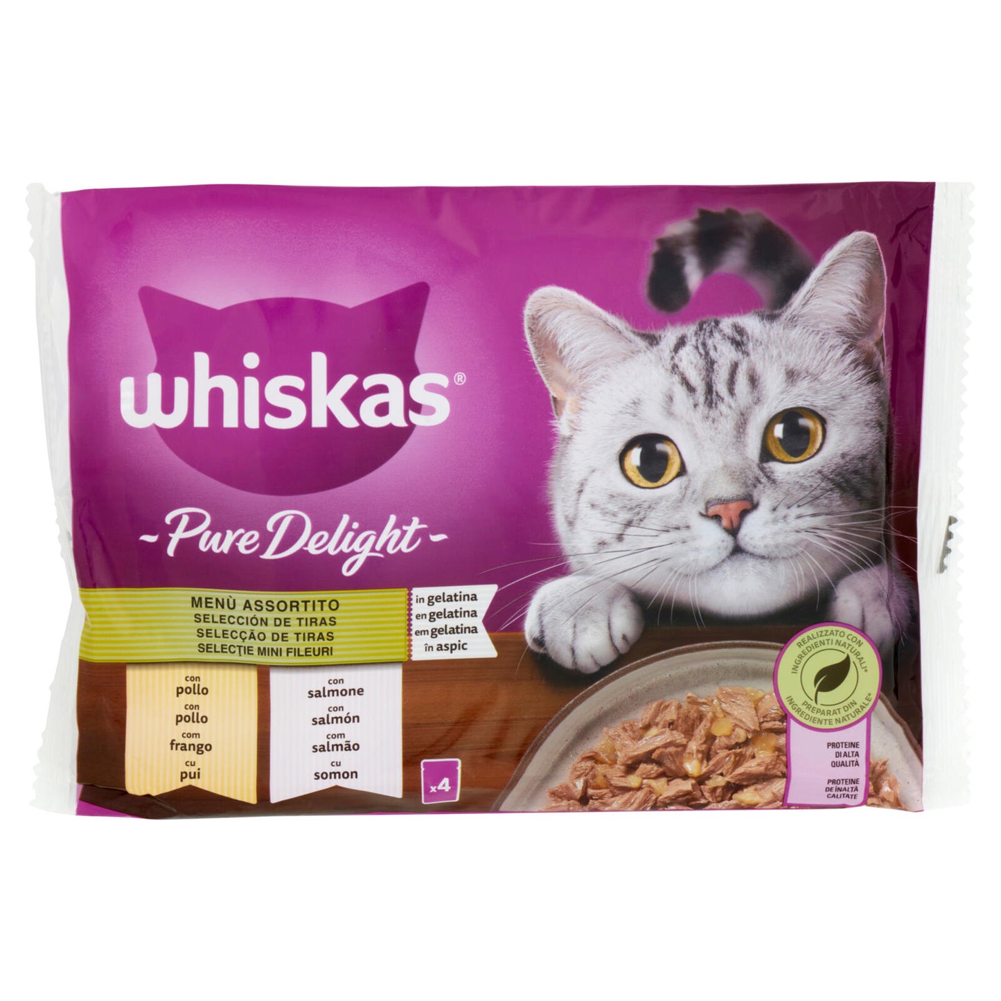 Whiskas Pure Delight Menù Assortito in gelatina con pollo, con salmone 4 x 85 g (25613698)