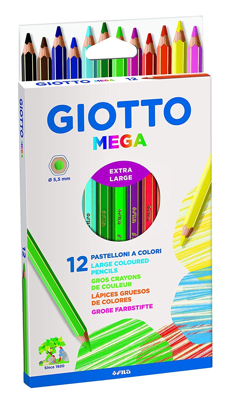 GIOTTO Mega - Astuccio Da 12 Matite A Pastello Colorate, 5.5 mm, Colori Intensi (25530673)