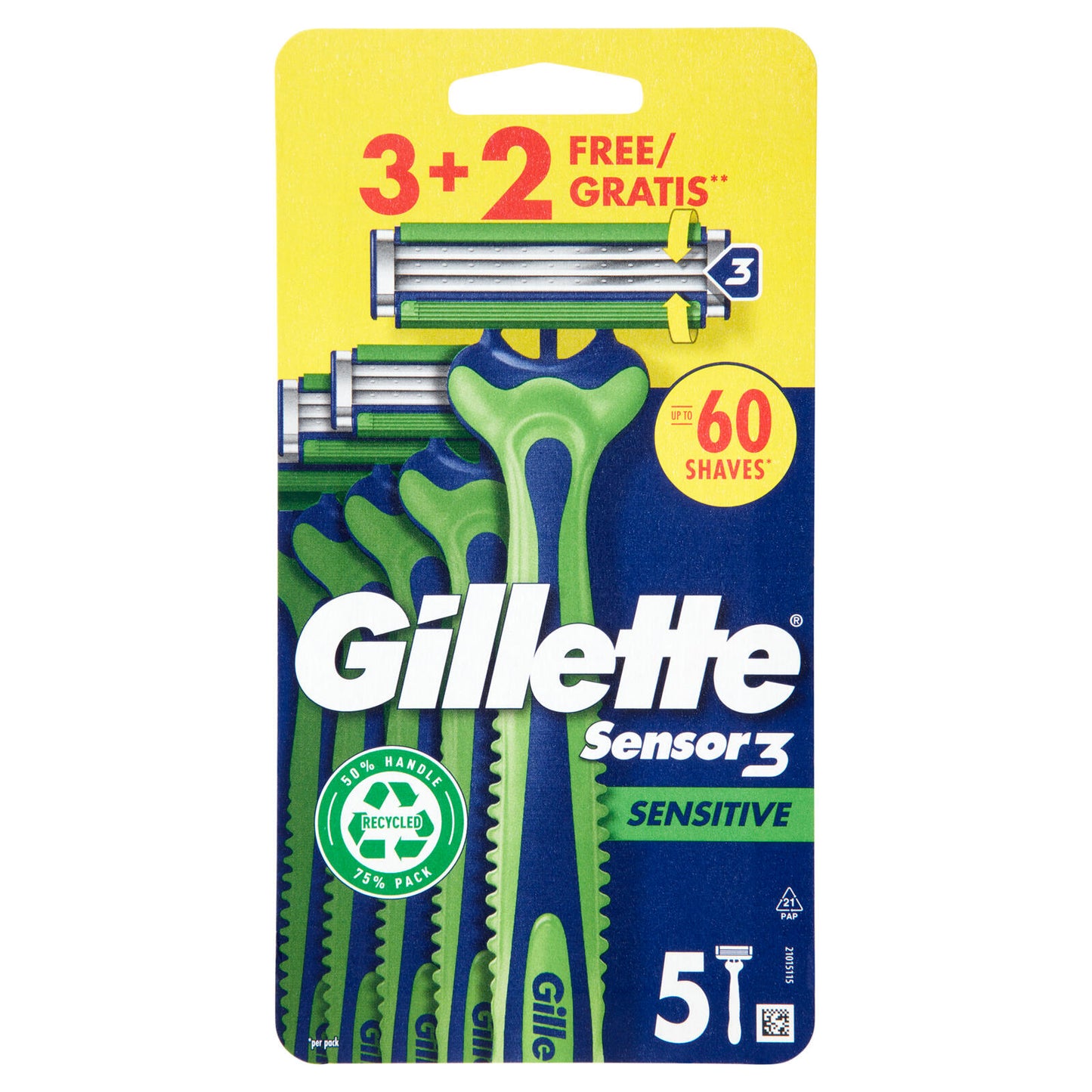 Gillette Sensor 3 Sensitive Rasoio da Uomo Usa e Getta, 3 Rasoi + 2 Gratis (25530566)