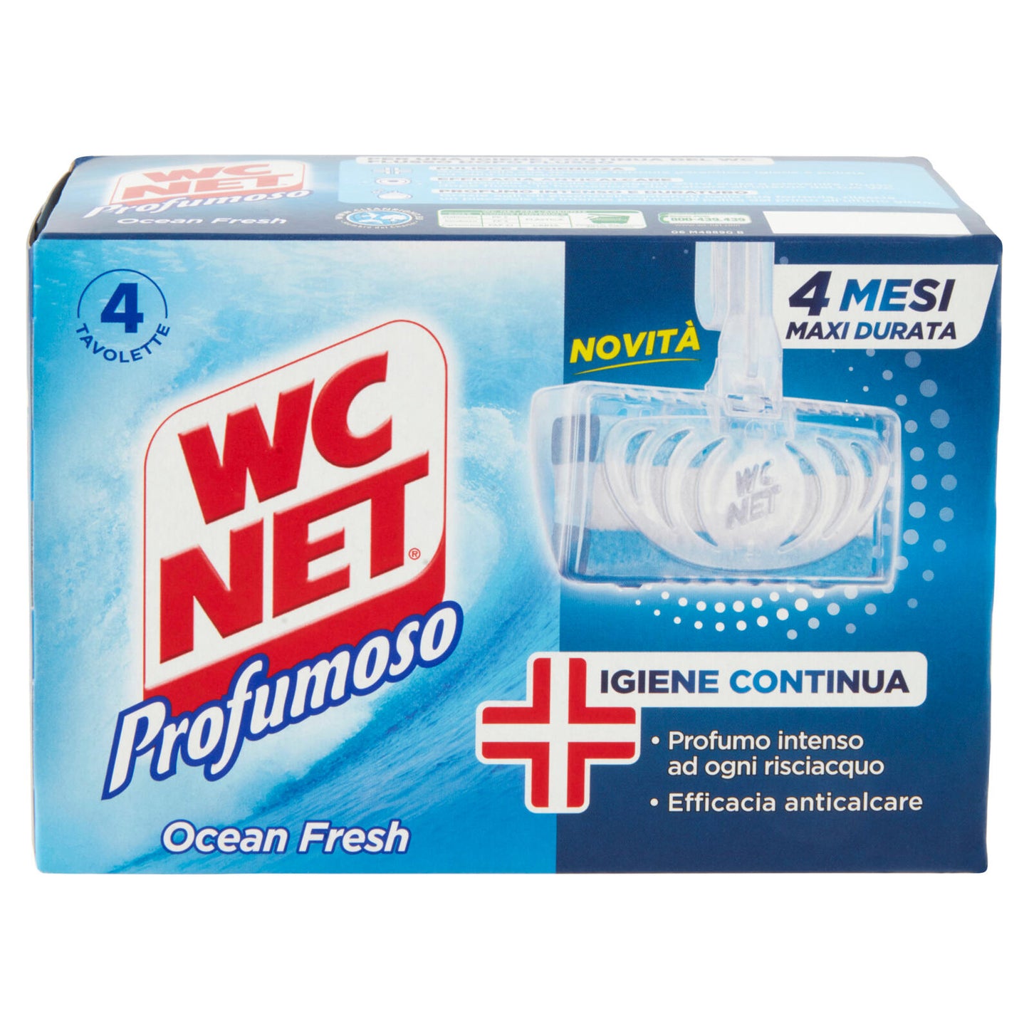 Wc Net - Tavoletta Profumoso 3 Effect, Detergente Igienizzante Solido WC, Ocean Fresh, 4 Pezzi