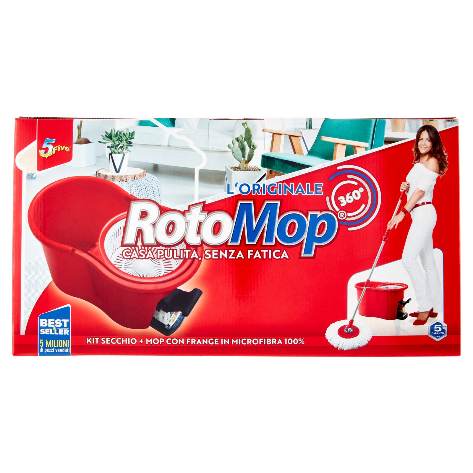 Super5 RotoMop 360° Kit Secchio + Mop con Frange in Microfibra 100% ->