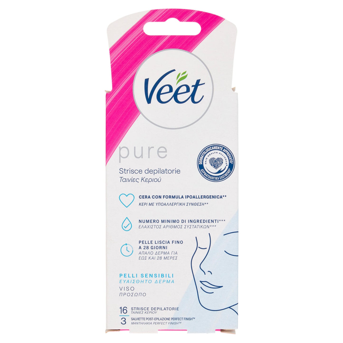 Veet Pure Strisce Depilatorie Viso, Ipoallergeniche, Confezione da 16 Strisce (25613335)