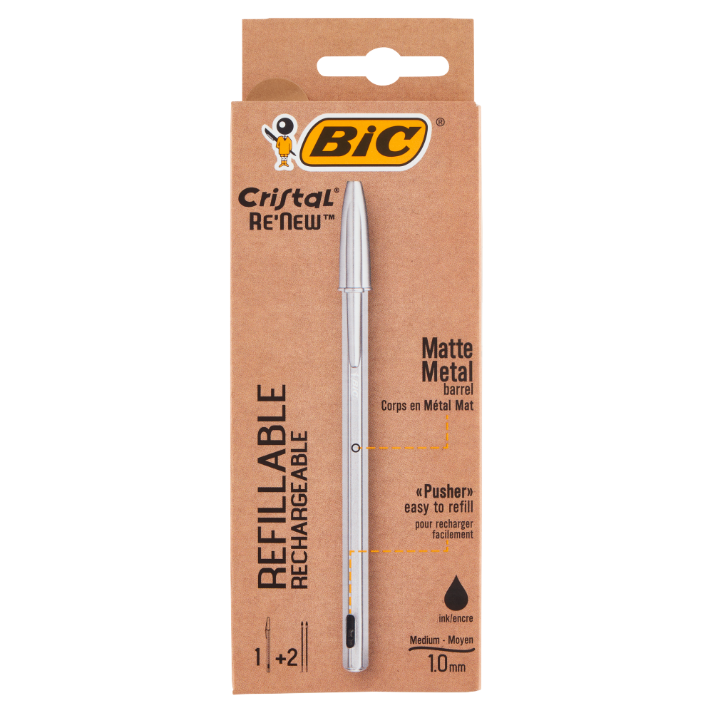 Bic Cristal Re'New Refillable Medium 1.0 mm nero 1 Penna Sfera + 2  Ricariche ->