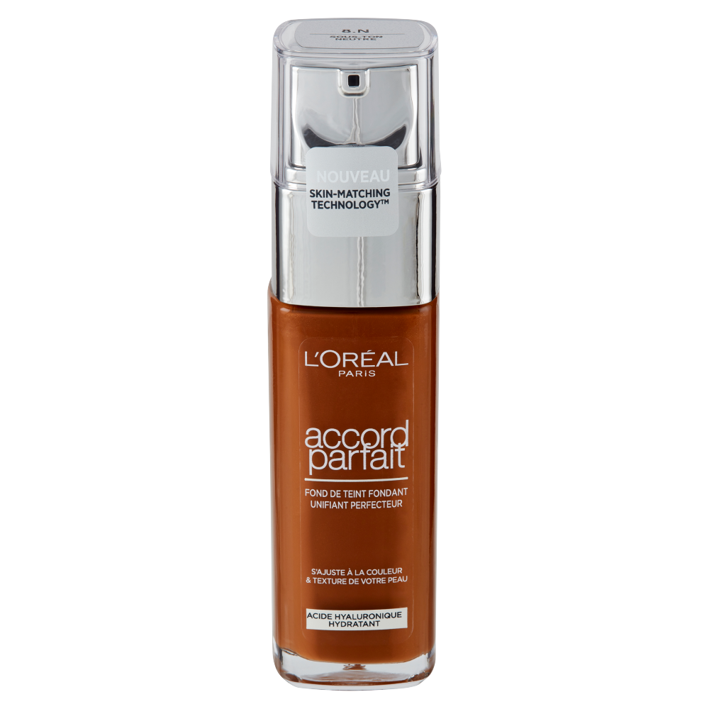 L'Oréal Paris Accord Parfait, Fondotinta Liquido con Acido Ialuronico, Cappuccino (8.N), 30 ml (25531686)