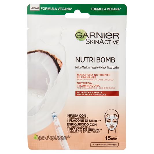 Garnier Maschera in Tessuto Nutriente Illuminante NutriBomb, Pelli Secche e Spente, Latte di Cocco