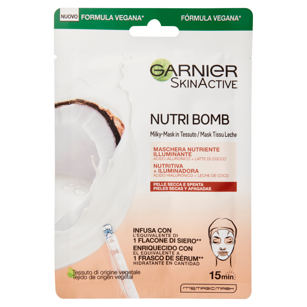 Garnier Maschera in Tessuto Nutriente Illuminante NutriBomb, Pelli Secche e Spente, Latte di Cocco