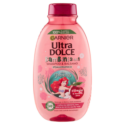 Garnier Ultra Dolce Shampoo 2in1 per Bambine alla Ciliegia e Mandorla Dolce, senza parabeni, 250 ml