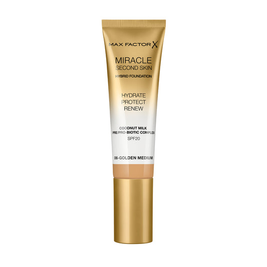 Max Factor Miracle Second Skin Fondotinta dal Finish Naturale, con Latte di Cocco Idratante e SPF 20, 06 Golden Medium