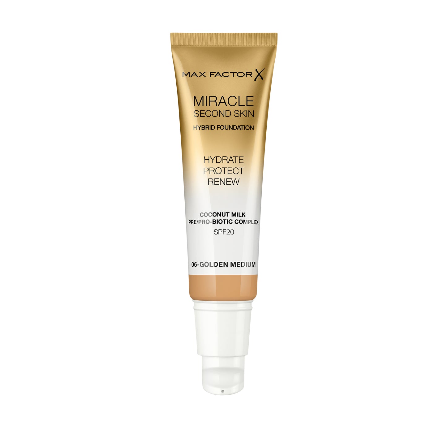 Max Factor Miracle Second Skin Fondotinta dal Finish Naturale, con Latte di Cocco Idratante e SPF 20, 06 Golden Medium