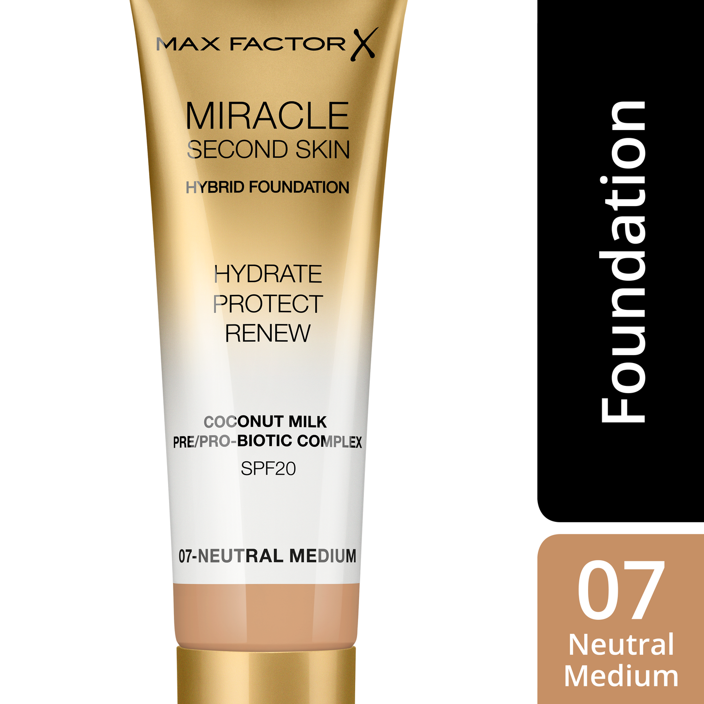 Max Factor Miracle Second Skin Fondotinta dal Finish Naturale, con Latte di Cocco Idratante e SPF 20, 07 Neutral Medium