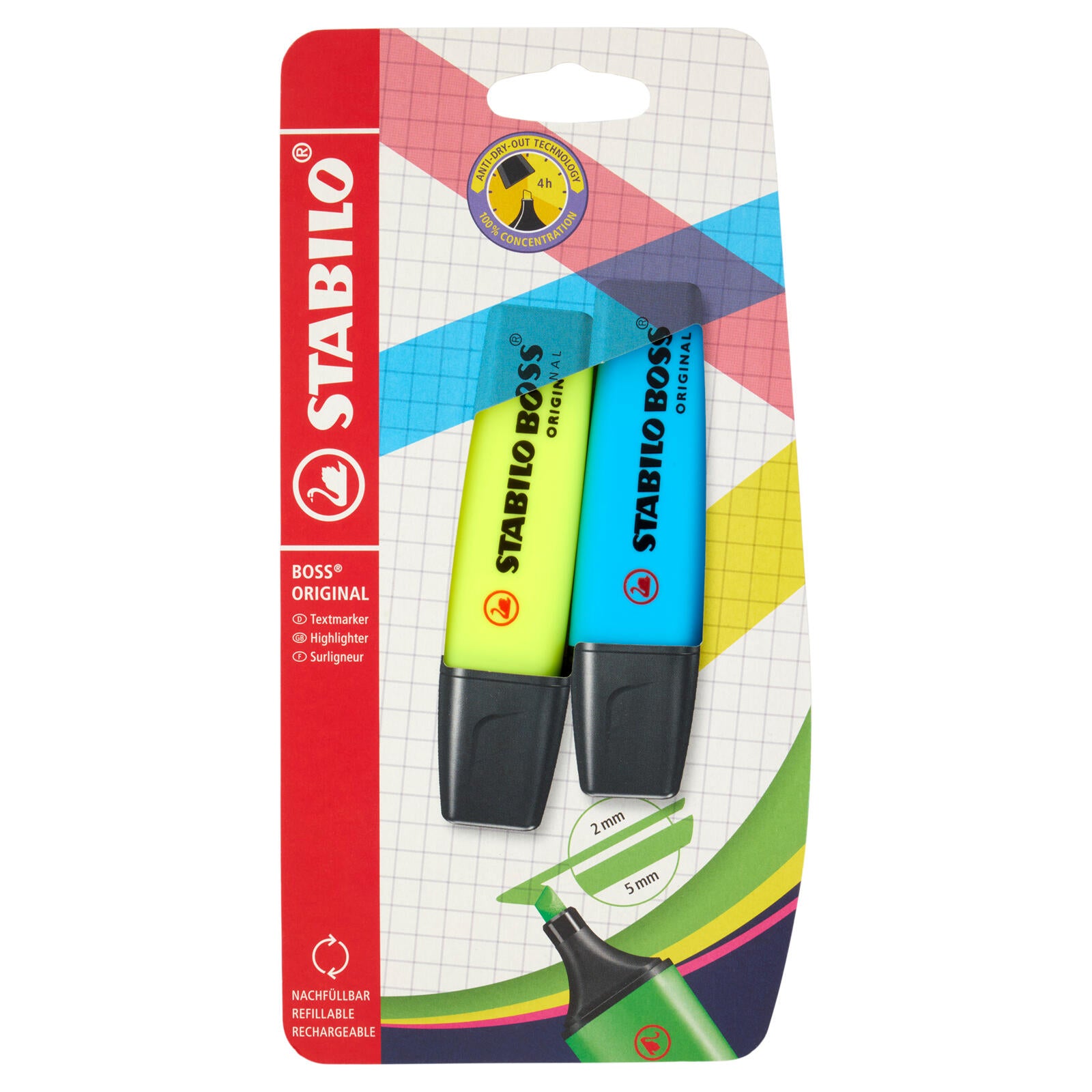 STABILO Boss Original evidenziatore giallo/azzurro - blister da 2 pz. (25608025)