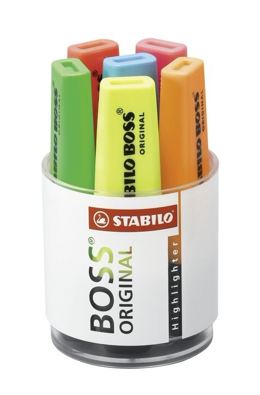 Evidenziatore - STABILO BOSS ORIGINAL - Box Bicchiere da 6 - Giallo/Verde/Arancio/Rosso/Rosa/Blu (25526650)