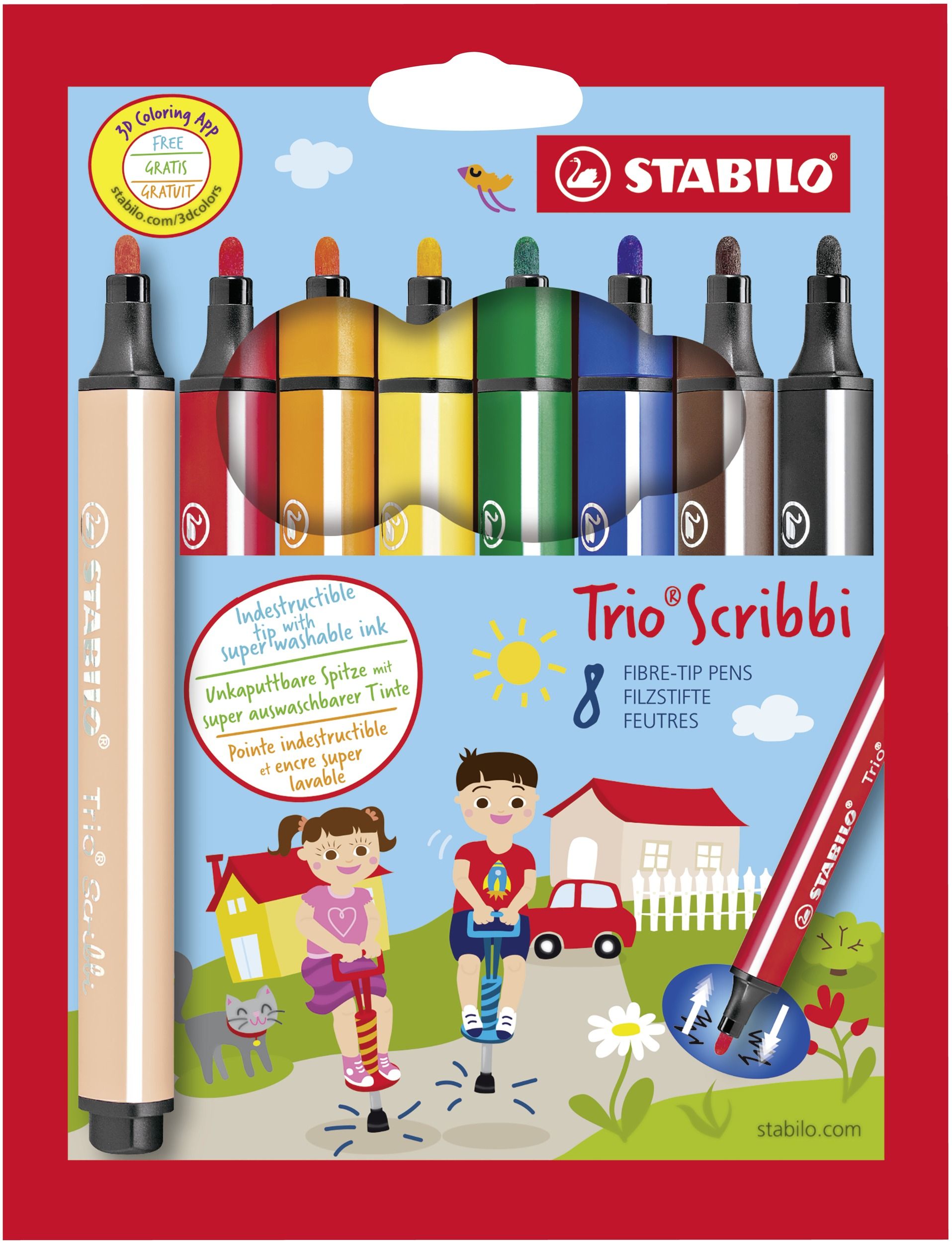 Pennarello triangolare con punta ammortizzata - STABILO Trio Scribbi - Astuccio da 8 - Colori assortiti (25577579)