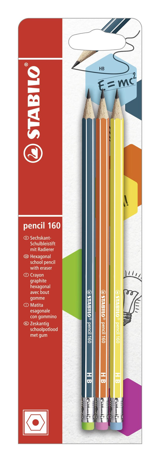 Matita in grafite - STABILO Pencil 160 - con gommino - Pack da 3 - Petrolio/Arancio/Giallo - Gradazione HB (25545175)