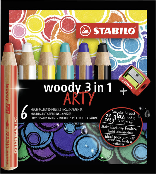 Matita colorata Multi-Funzione - STABILO woody 3 in 1 - ARTY - Astuccio da 6 - con Temperino - Colori assortiti (25538113)