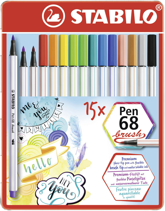 Pennarello Premium con punta a pennello - STABILO Pen 68 brush - Scatola in metallo da 15 - con 15 colori assortiti (25576559)