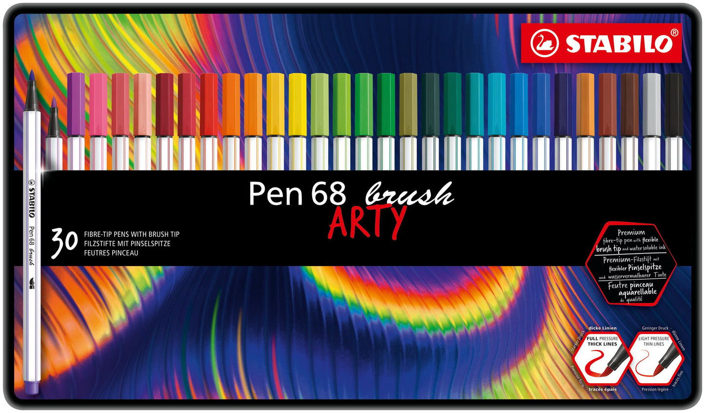 Pennarello Premium con punta a pennello - STABILO Pen 68 brush - ARTY - Scatola in metallo da 30 - Colori assortiti (25575643)