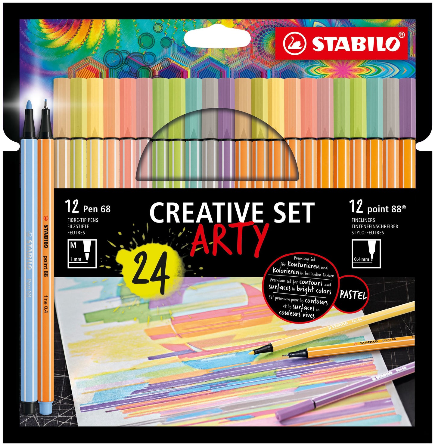 Creative Set STABILO ARTY - STABILO point 88 & Pen 68 - Astuccio da 24 - in colori Pastello assortiti - 11 fineliner point 88, 13 pennarelli Pen 68 (25524057)