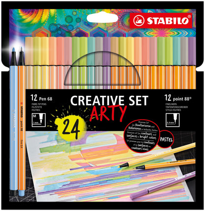 Creative Set STABILO ARTY - STABILO point 88 & Pen 68 - Astuccio da 24 - in colori Pastello assortiti - 11 fineliner point 88, 13 pennarelli Pen 68 (25524057)