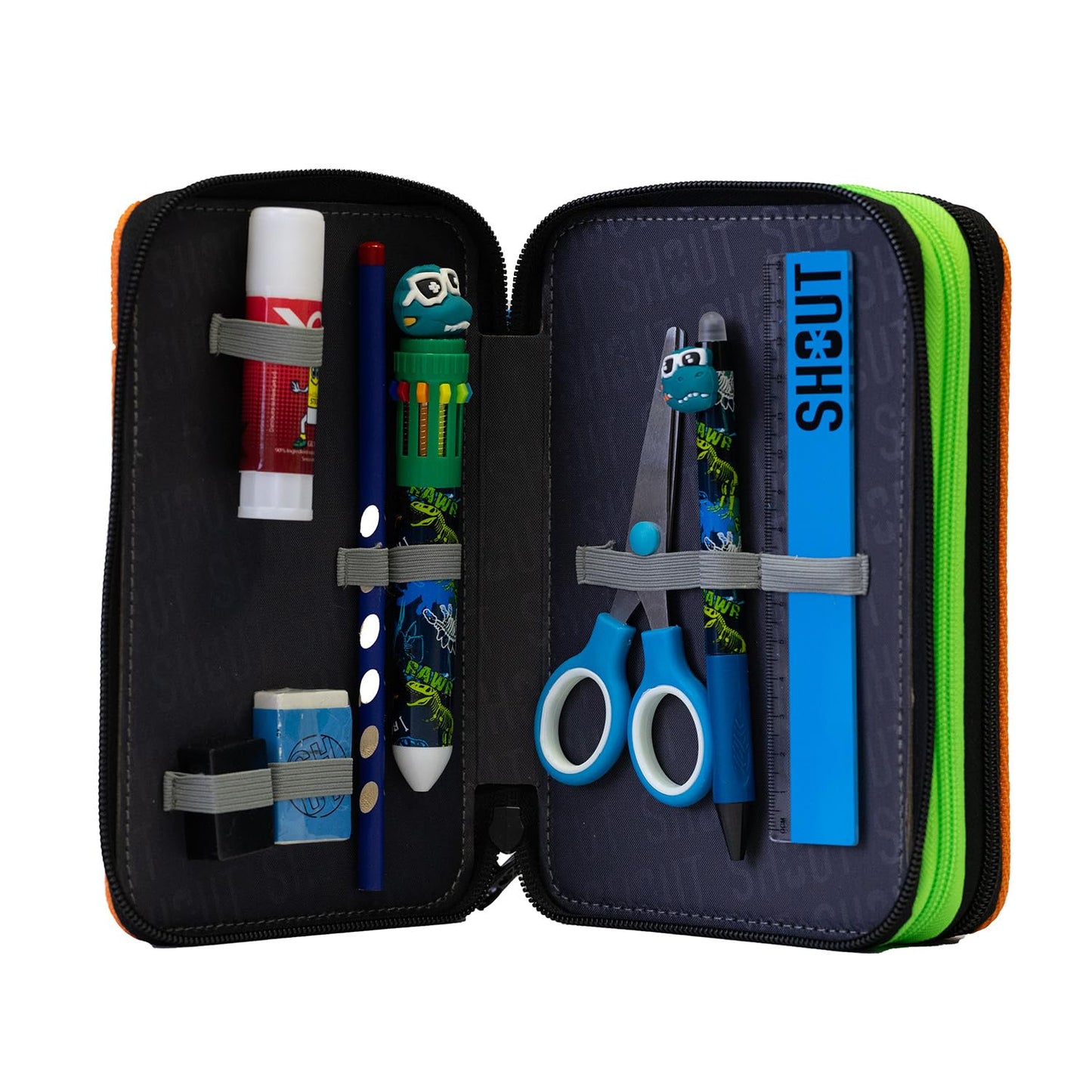 Shout T-Rex | Astuccio a Tre Scomparti per Bambino o Bambina da Scuola Elementare, Astuccio Completo di 44 Pezzi a Tre Zip con Portapenne (25603581)