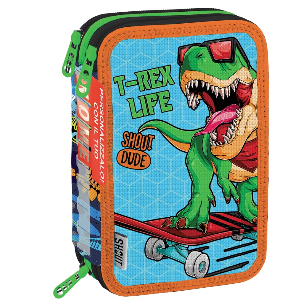 Shout T-Rex | Astuccio a Tre Scomparti per Bambino o Bambina da Scuola Elementare, Astuccio Completo di 44 Pezzi a Tre Zip con Portapenne (25603578)