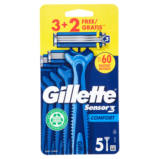 Gillette Sensor 3 Comfort Rasoio da Uomo Usa e Getta, 3 Rasoi + 2 Gratis