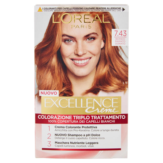 L'Oréal Paris Excellence, Crema colorante triplo trattamento avanzato, 7.43 Biondo Ramato Dorato