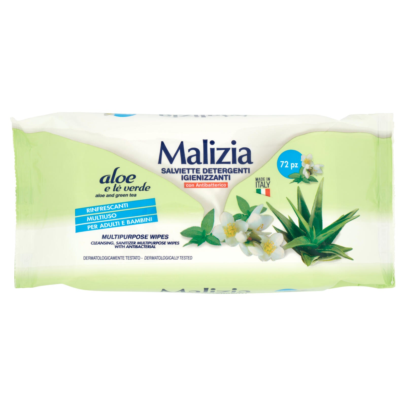 Malizia Salviette Detergenti Igienizzanti con Antibatterico aloe e tè verde 72 pz