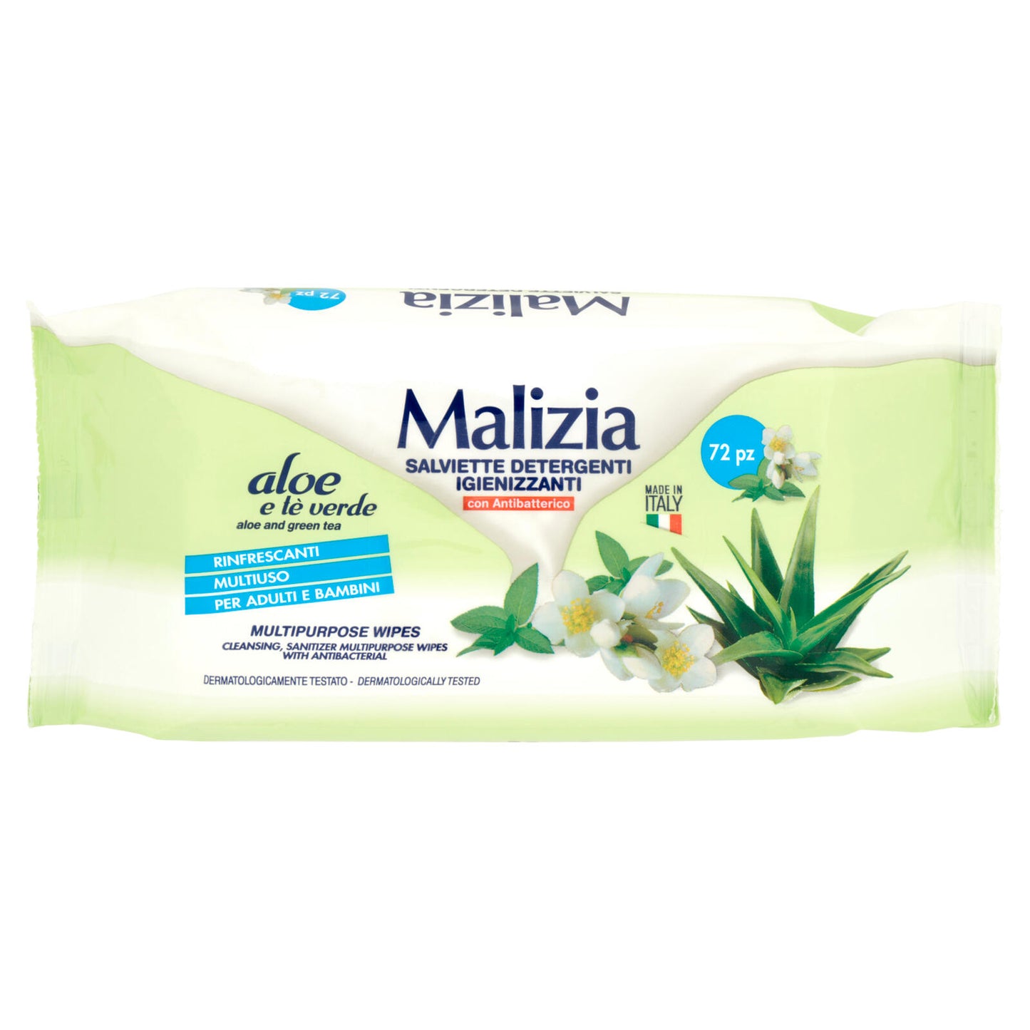 Malizia Salviette Detergenti Igienizzanti con Antibatterico aloe e tè verde 72 pz