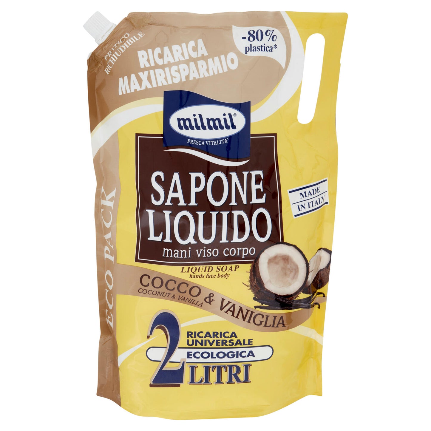 milmil Sapone Liquido Cocco & Vaniglia Ricarica Universale Ecologica 2 Litri