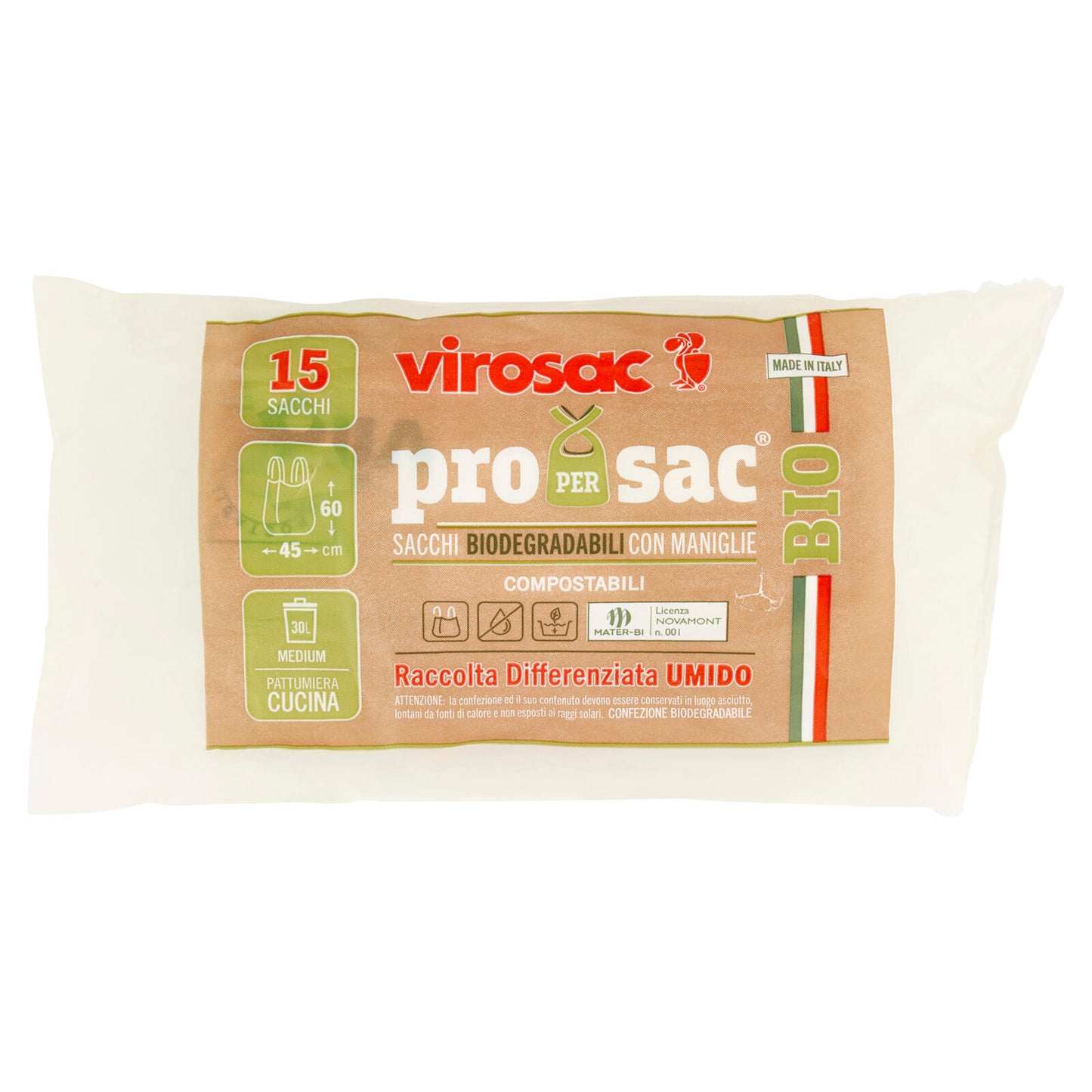 virosac Bio propersac Sacchi Biodegradabili con Maniglie 45x60 cm 30L Medium 15 pz