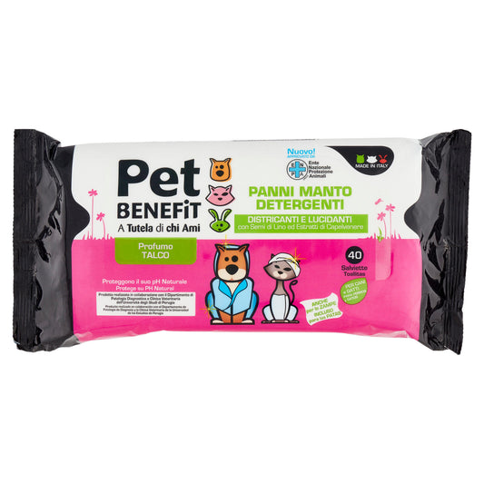 Pet Benefit Panni Manto Detergenti Salviette per Cani e Gatti Profumo Talco 40 pz