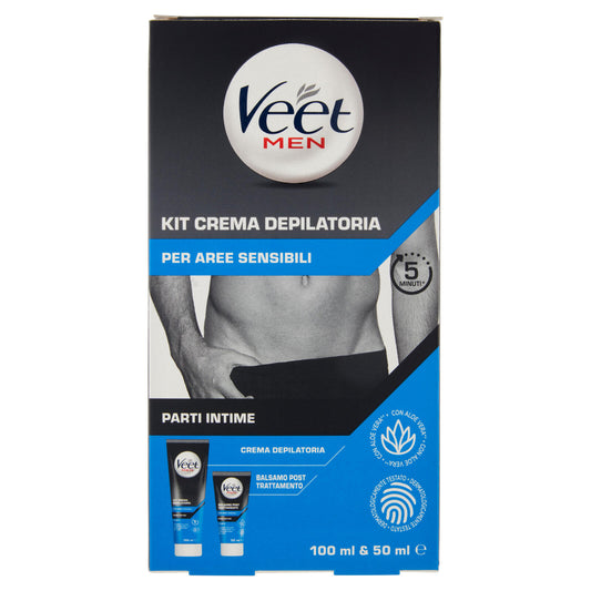 Veet Men Kit Depilazione Intima per Pelle Sensibile, Crema Depilatoria 100ml e Balsamo Post 50ml