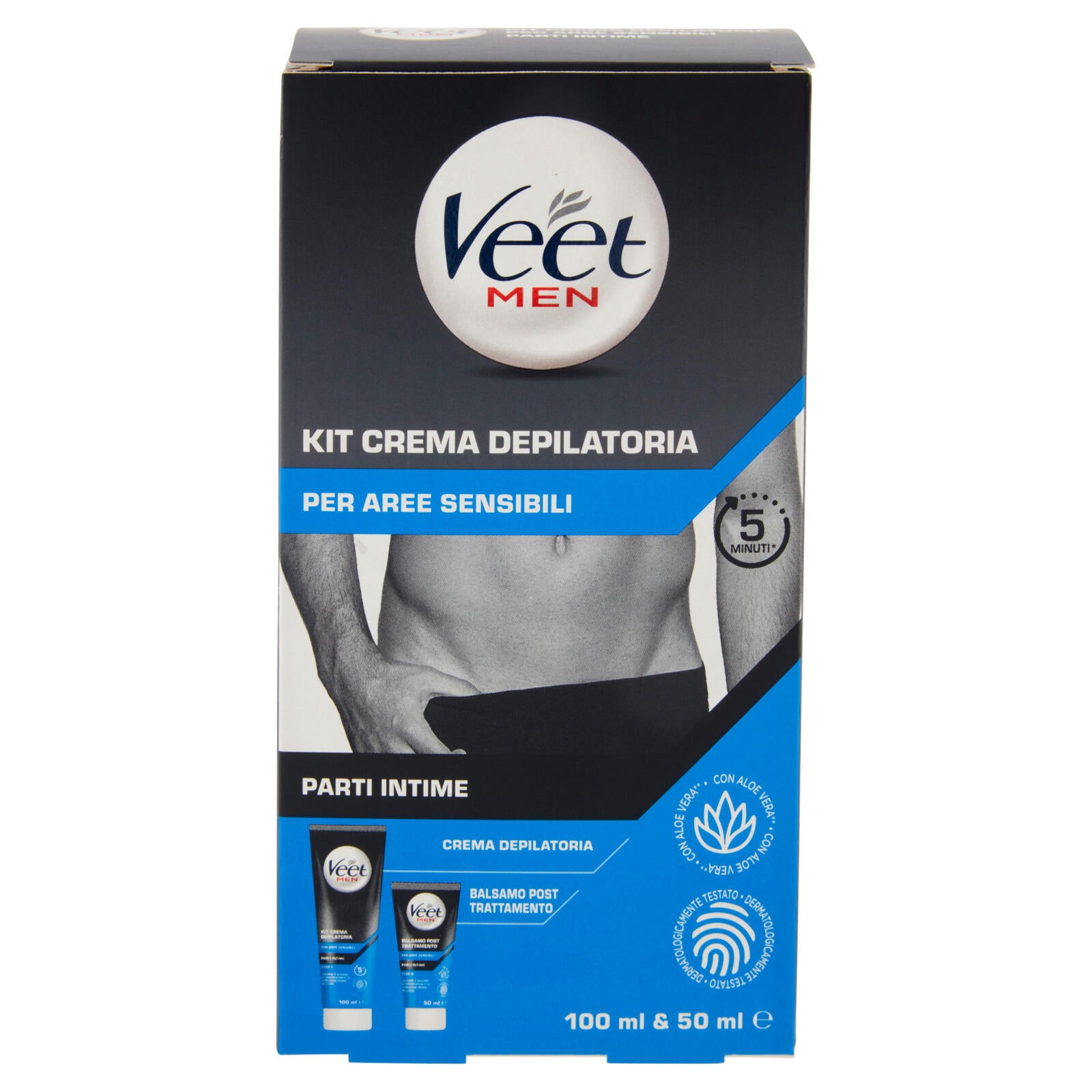 Veet Men Kit Depilazione Intima per Pelle Sensibile, Crema Depilatoria 100ml e Balsamo Post 50ml