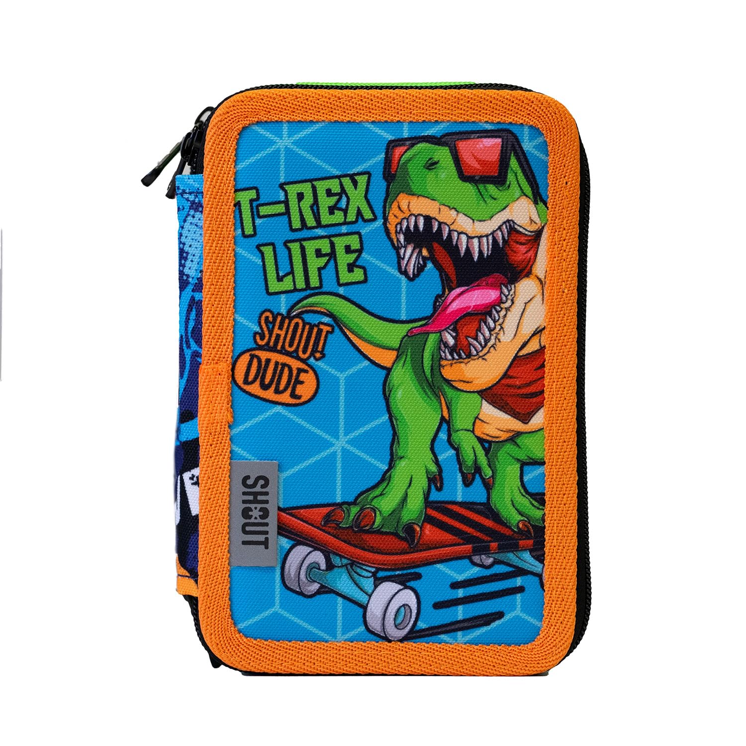 Shout T-Rex | Astuccio a Tre Scomparti per Bambino o Bambina da Scuola Elementare, Astuccio Completo di 44 Pezzi a Tre Zip con Portapenne (25603579)