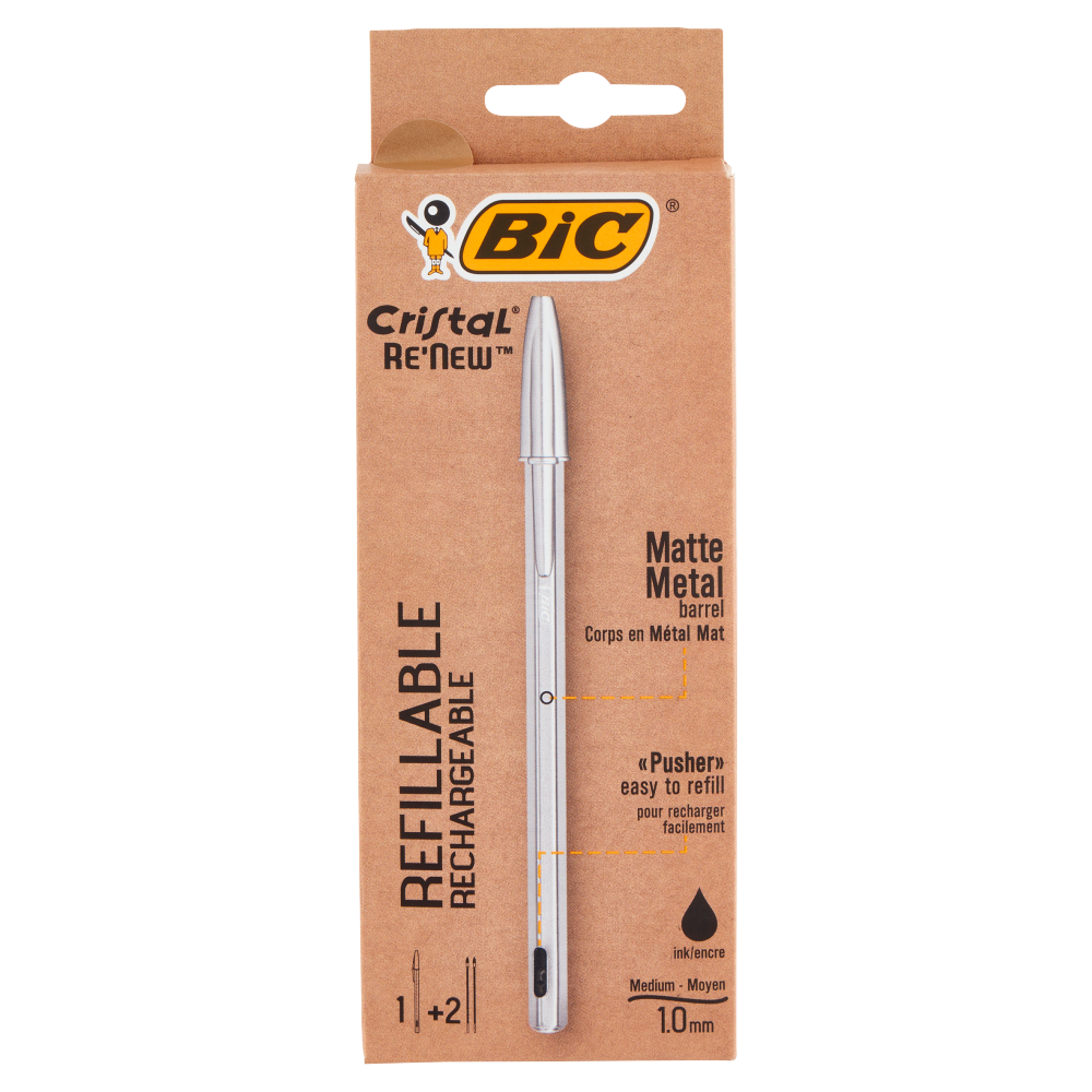 Bic Cristal Re&#39;New Refillable Medium 1.0 mm nero 1 Penna Sfera + 2 Ricariche