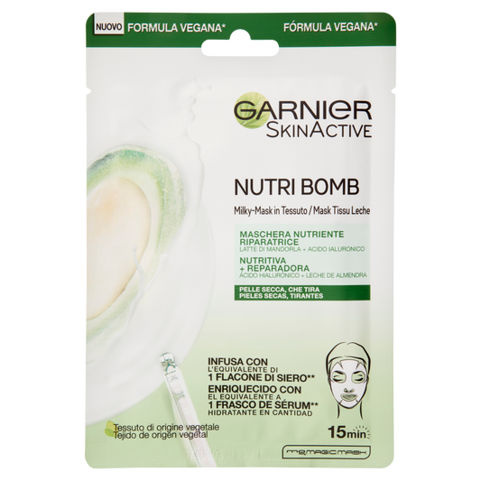Garnier Maschera in Tessuto Nutriente Riparatrice NutriBomb, Pelli Molto Secche, Latte di Mandorla