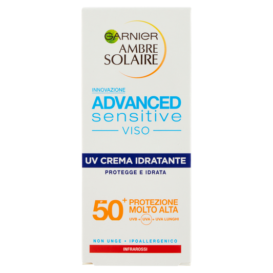 Garnier Ambre Solaire Crema Advanced Sensitive Viso, Crema Idratante IP50+, protegge e idrata, 50 ml