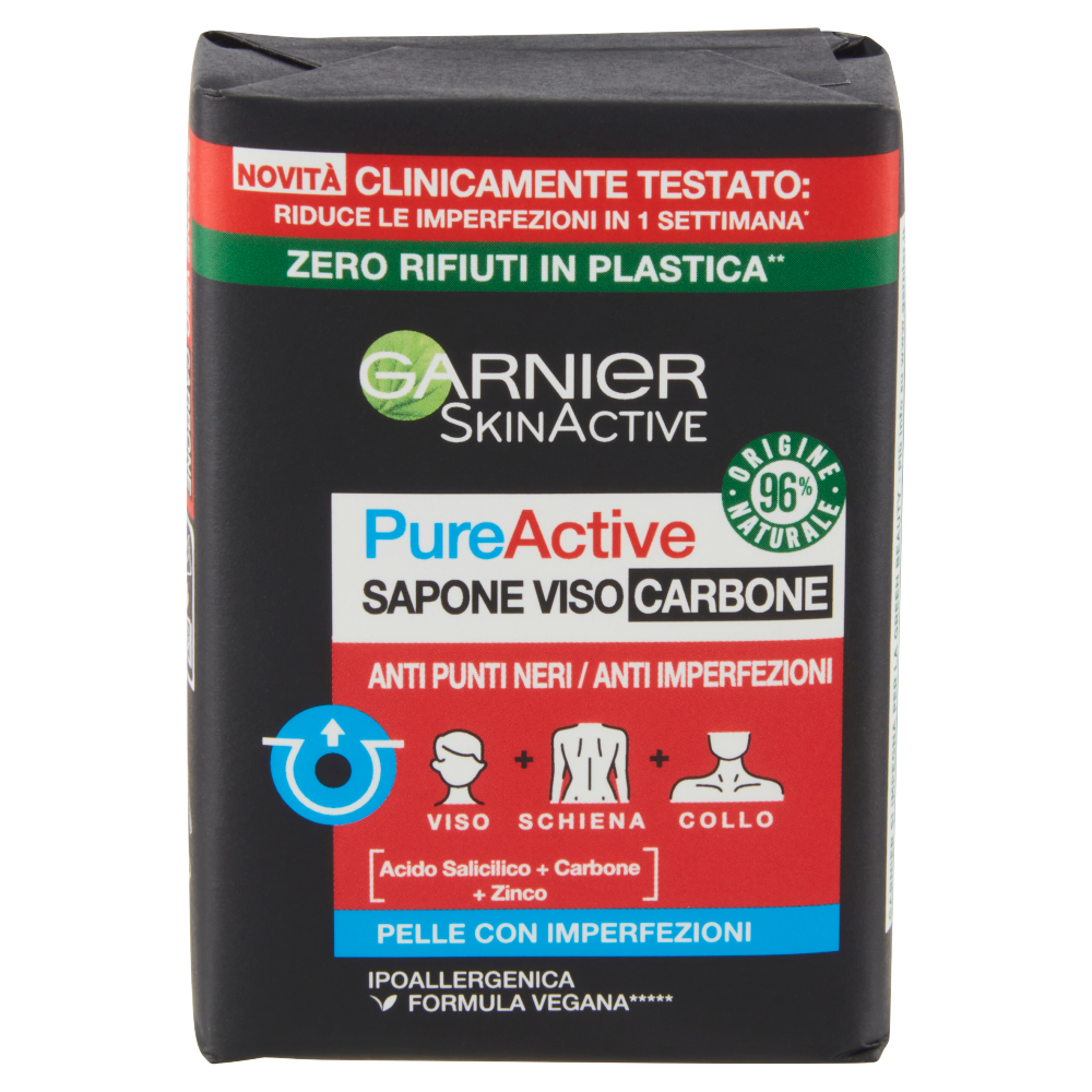 Garnier PureActive Sapone viso e corpo al carbone, Anti-imperfezioni, Formula vegana, 100 g