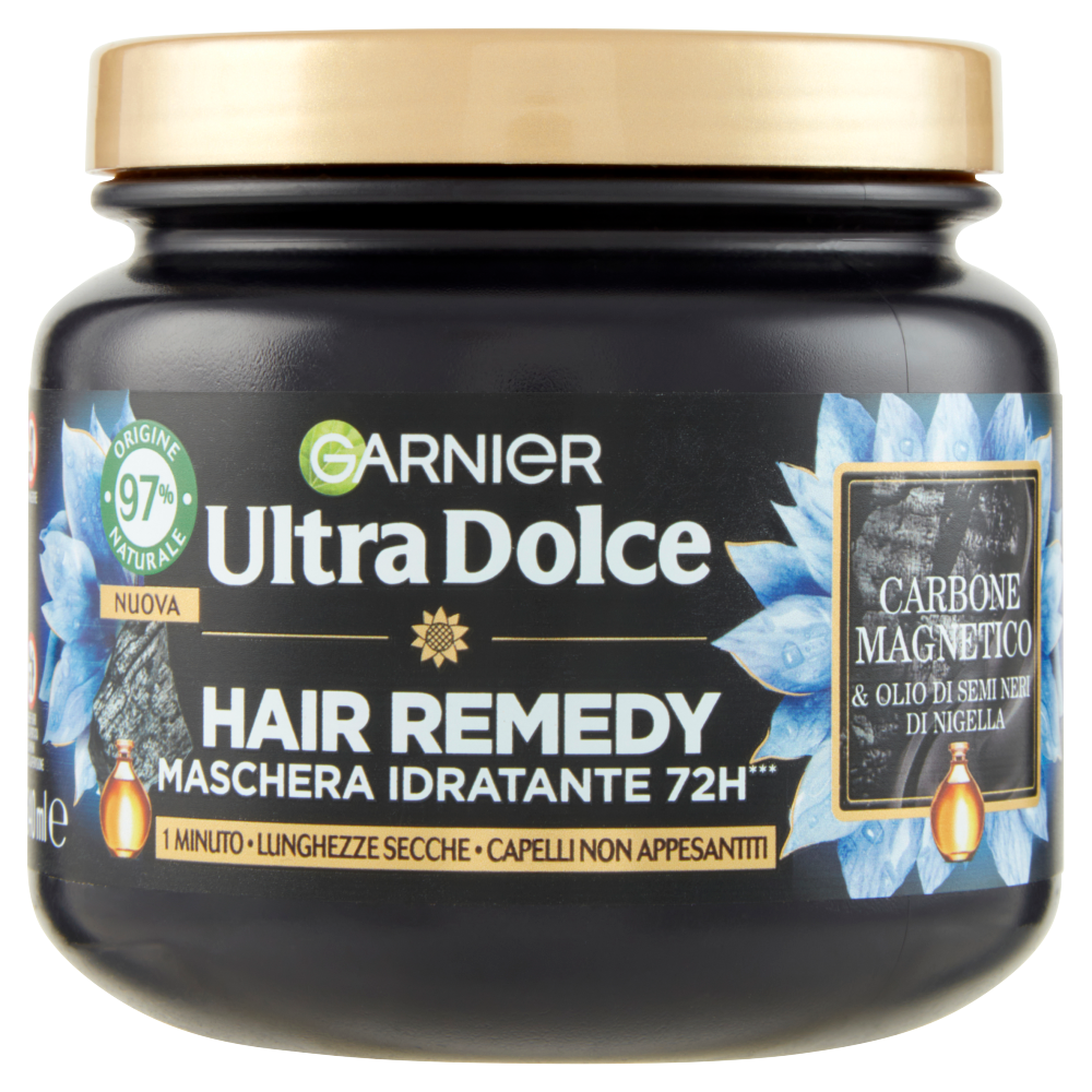 Garnier Ultra Dolce Hair Remedy Maschera per Capelli Idratante 72H Carbone Magnetico, 340 ml